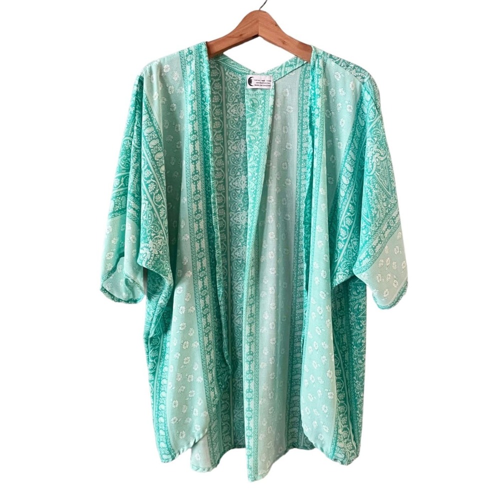 LOTUS AND LUNA THAILAND Kimono Open Floral Green Handmade Short Sleeves One Size - Picture 7 of 7